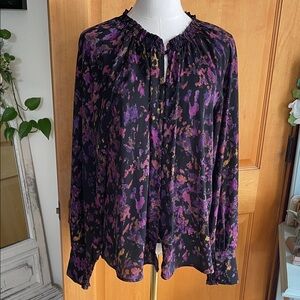 Allison Joy Medium Black Floral Print Long Sleeve Blouse - Purple & Gold Accents